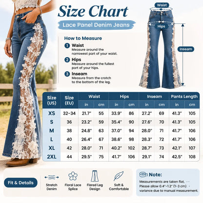 🌸 Women's Floral Lace Panel Flare Jeans – Flattering Western-Inspired Denim