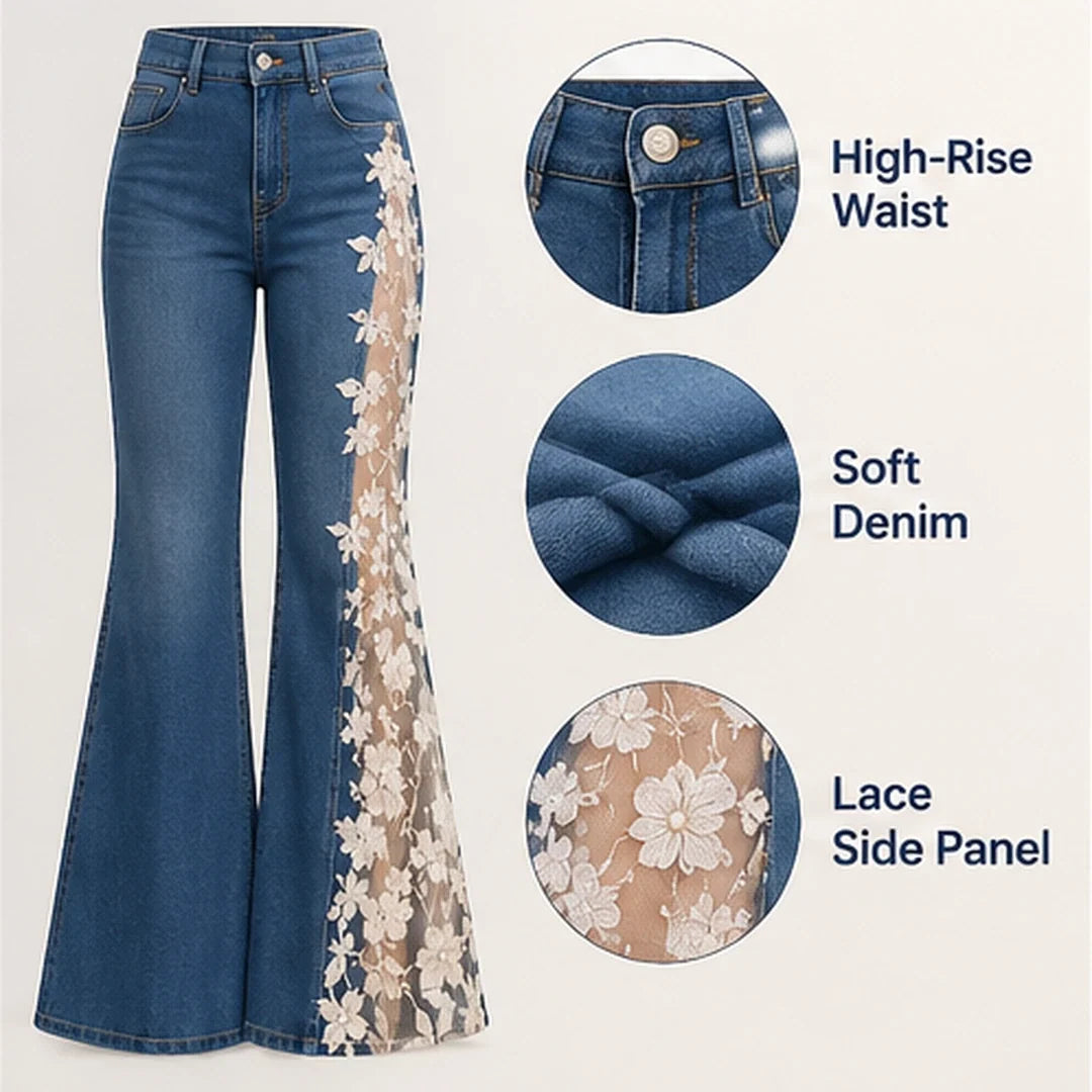 🌸 Women's Floral Lace Panel Flare Jeans – Flattering Western-Inspired Denim