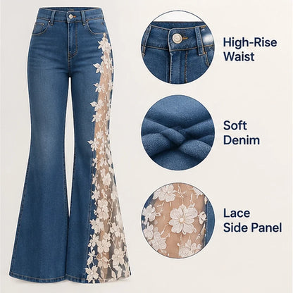 🌸 Women's Floral Lace Panel Flare Jeans – Flattering Western-Inspired Denim