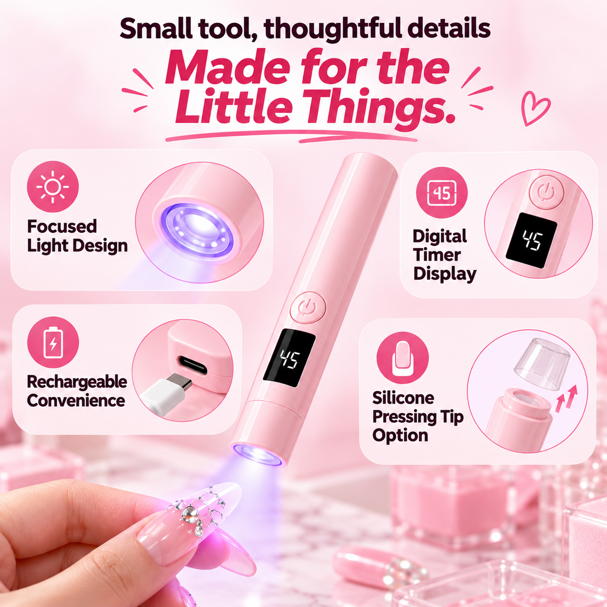 💅✨ Rechargeable Mini UV/LED Nail Lamp – Precision Flash Curing Light with Adjustable Stand 💖
