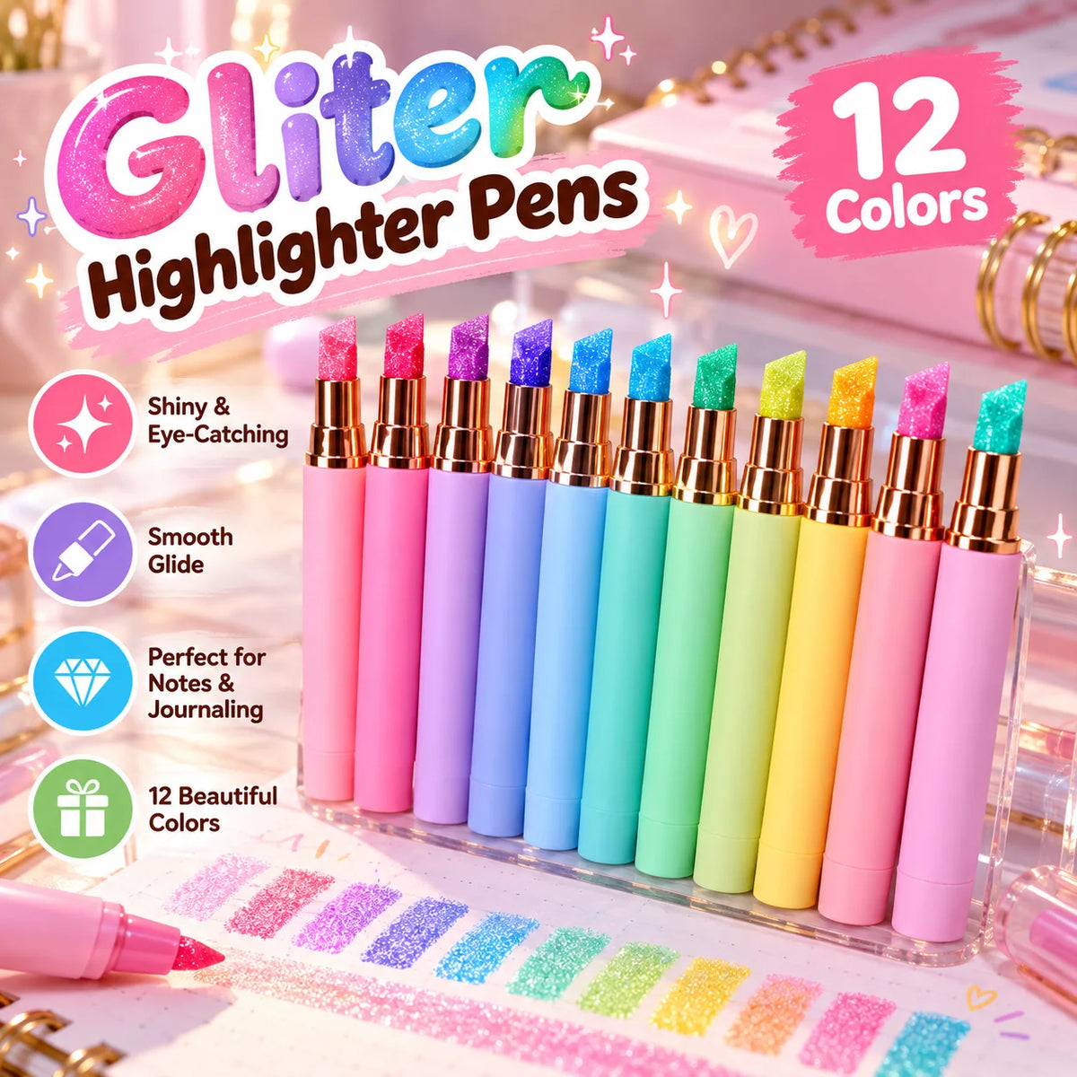 ✨ 12-Color Glitter Highlighter Pens – Shimmer Markers for Studying & Journaling