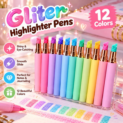 ✨ 12-Color Glitter Highlighter Pens – Shimmer Markers for Studying & Journaling