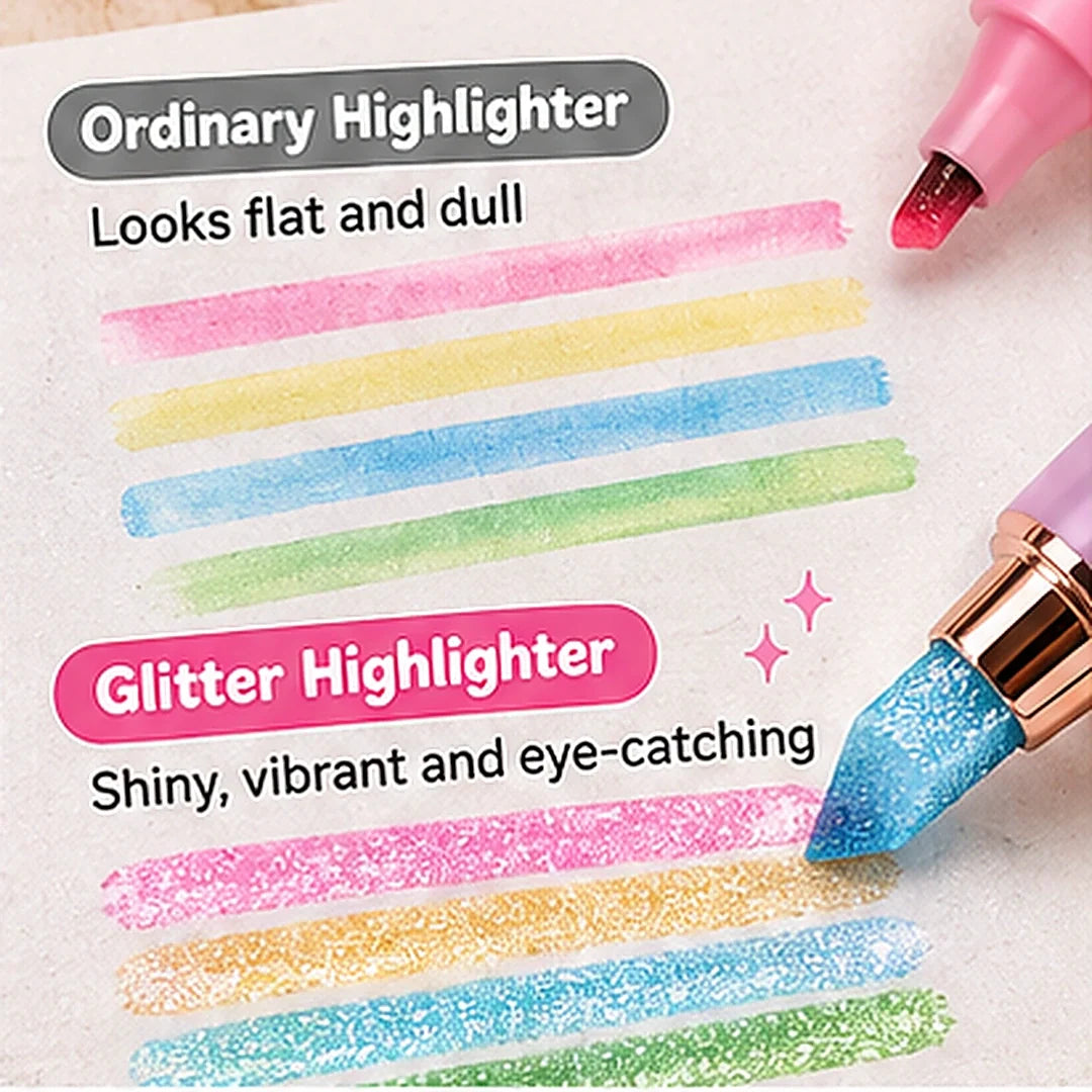 ✨ 12-Color Glitter Highlighter Pens – Shimmer Markers for Studying & Journaling