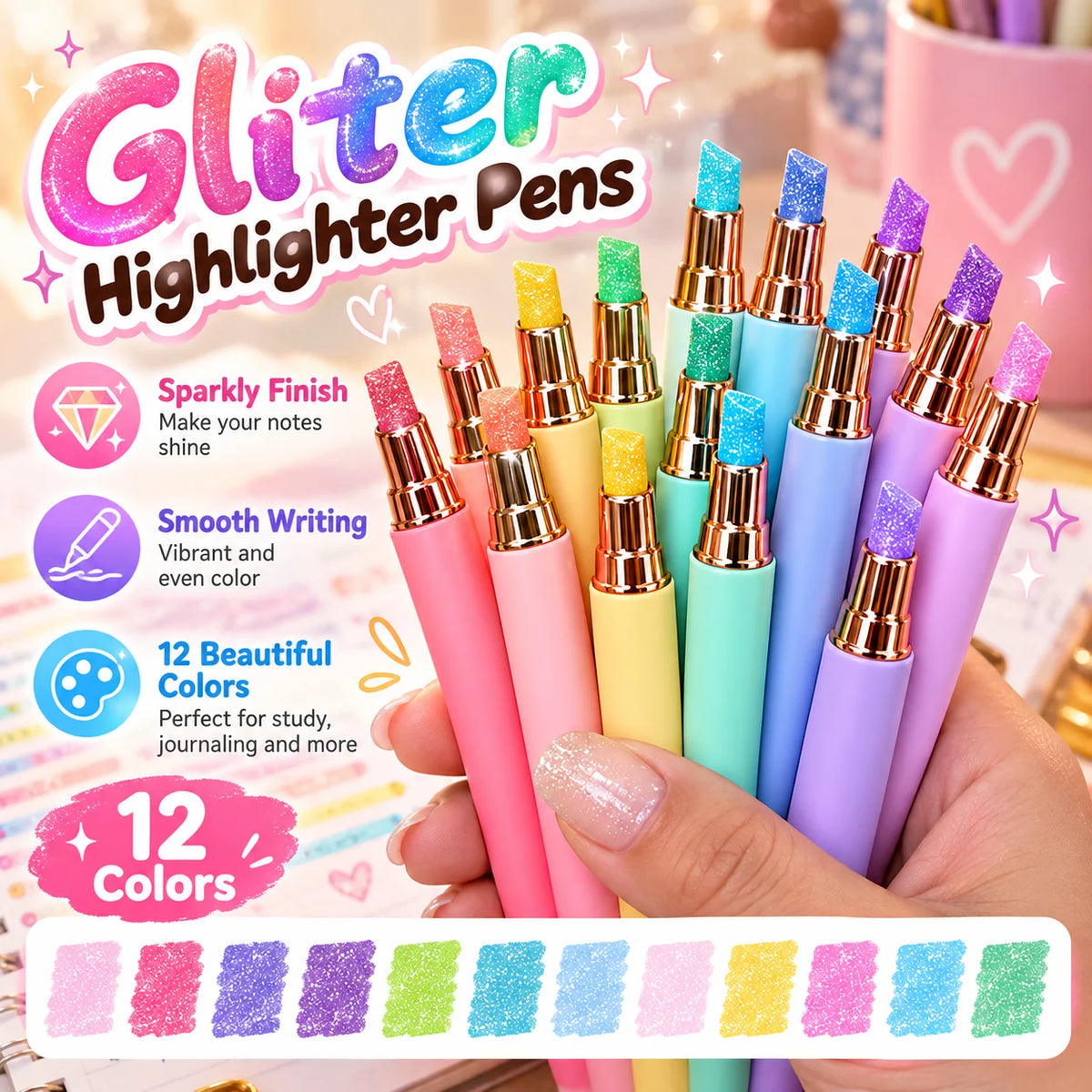 ✨ 12-Color Glitter Highlighter Pens – Shimmer Markers for Studying & Journaling