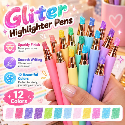 ✨ 12-Color Glitter Highlighter Pens – Shimmer Markers for Studying & Journaling