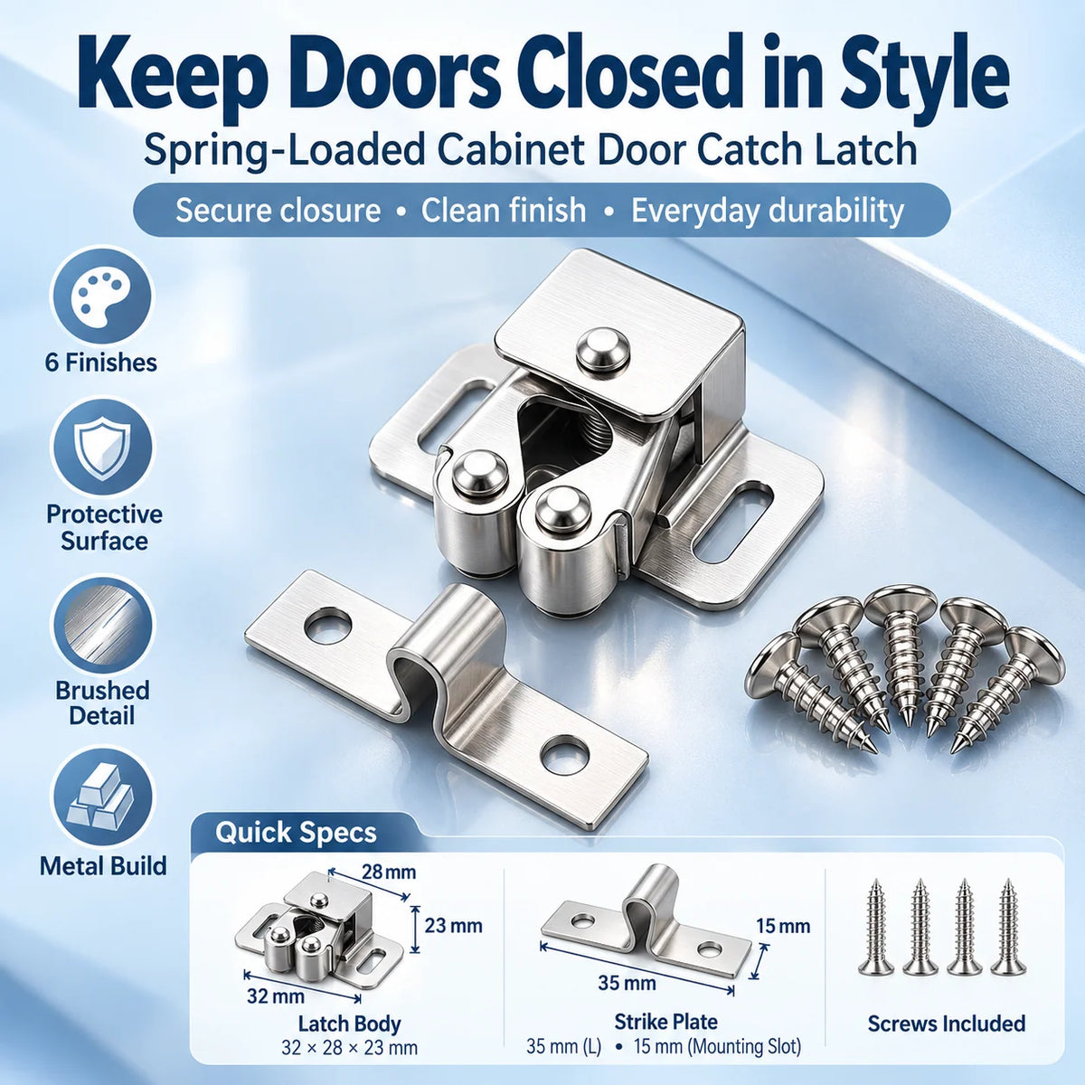 🔧 Spring-Loaded Cabinet Door Latch – Metal Catch in 6 Finishes