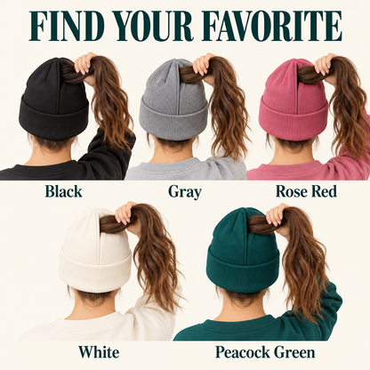 🧶 Magnetic Ponytail Beanie – Cozy Knit Hat with Ear-Covering Cuff