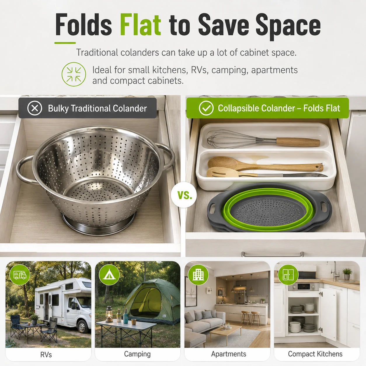 Collapsible Colander Set with Oversized Draining Tray