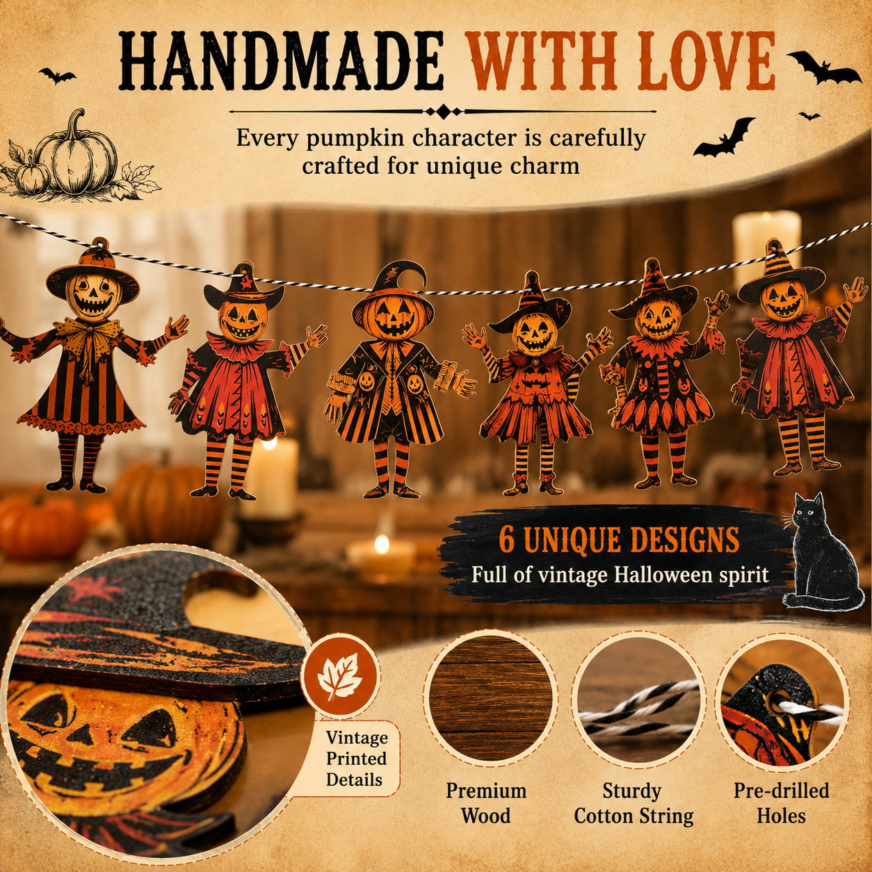 Vintage Wooden Pumpkin Banner (6 Pcs) 🎃