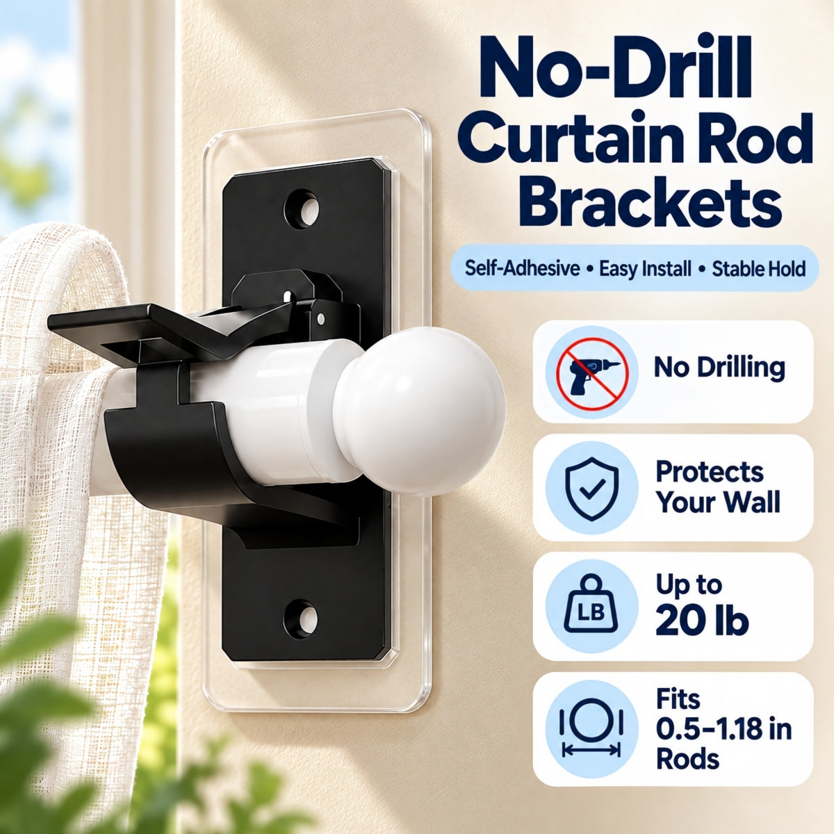 No-Drill Self Adhesive Curtain Rod Brackets