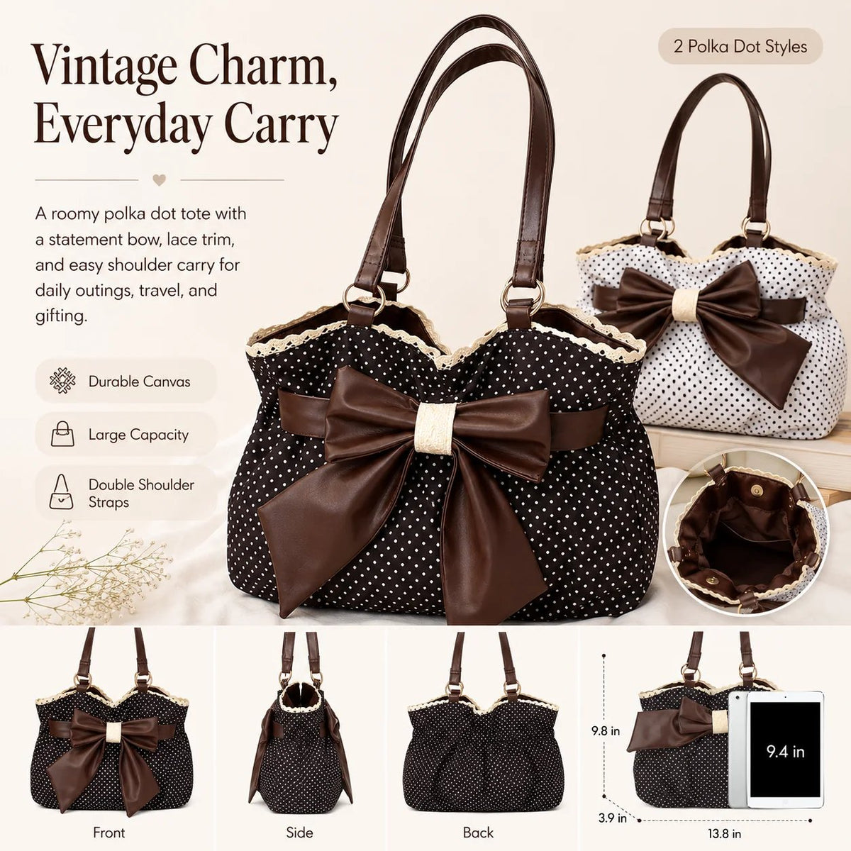 👜 Vintage Polka Dot Canvas Tote Bag for Women, Oversized Bow Shoulder Bag with Lace Trim