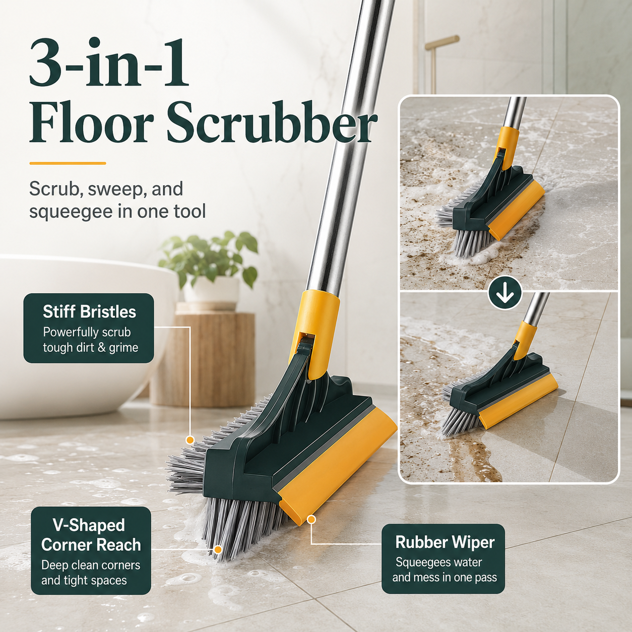 🧹3-in-1 Floor Scrubber Brush with Squeegee