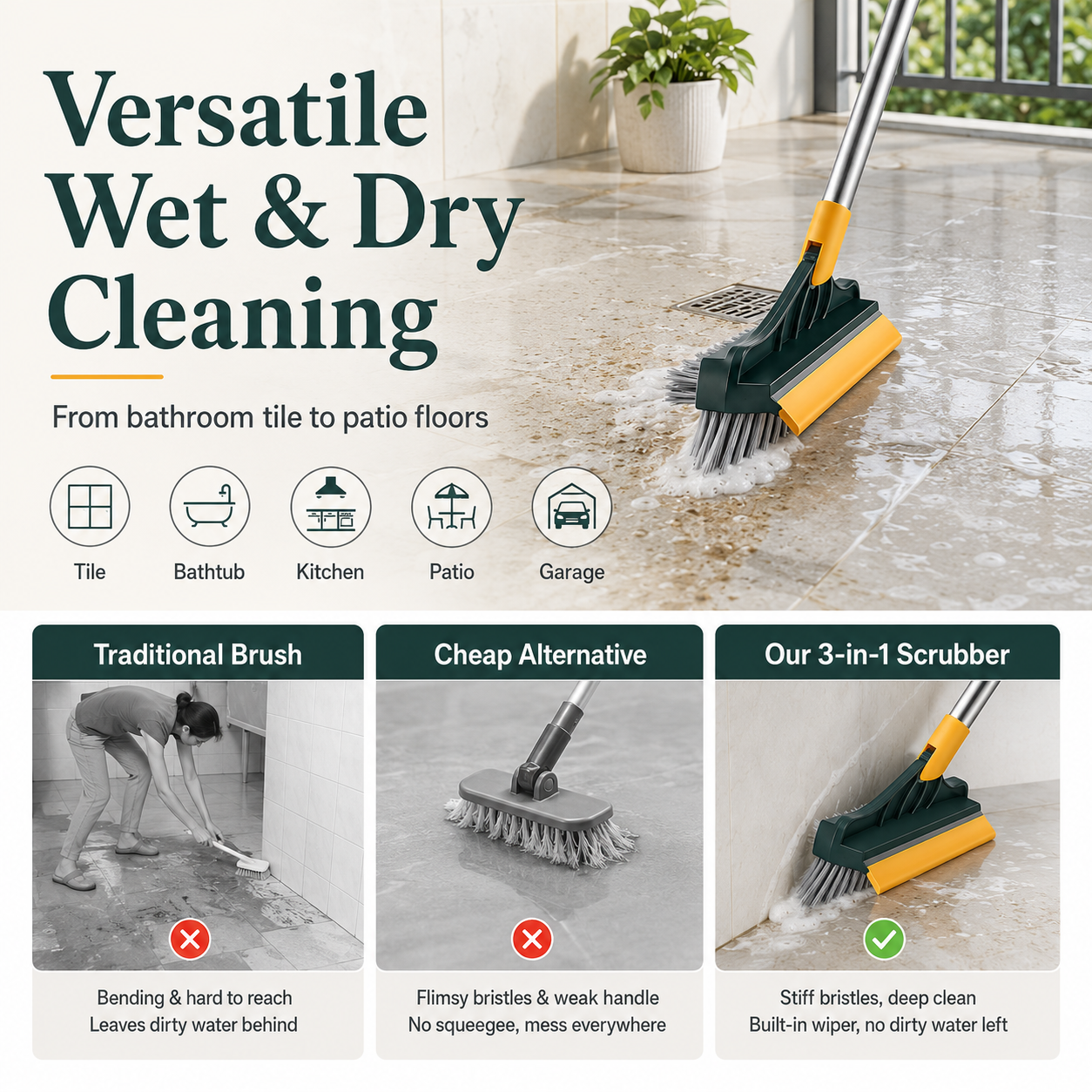 🧹3-in-1 Floor Scrubber Brush with Squeegee