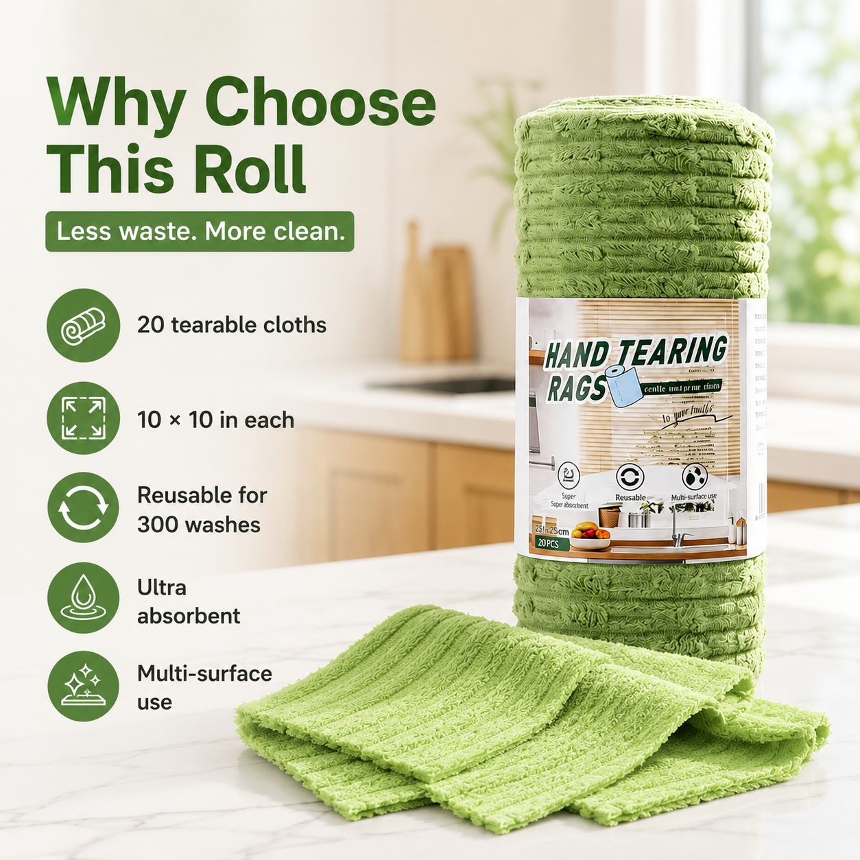 Reusable Microfiber Cleaning Cloth Roll | 20 Pre-Cut Rags
