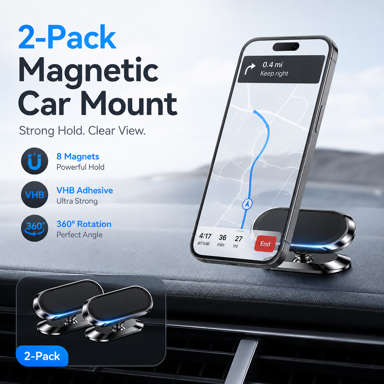 2-Pack Magnetic Car Phone Holder | 360° Dashboard Mount