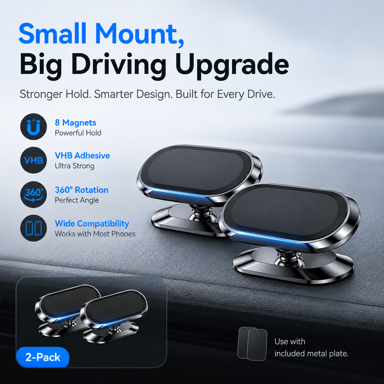 2-Pack Magnetic Car Phone Holder | 360° Dashboard Mount