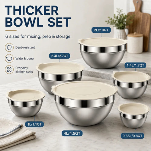 6-Piece Stainless Steel Mixing Bowl Set with Lids & Graters