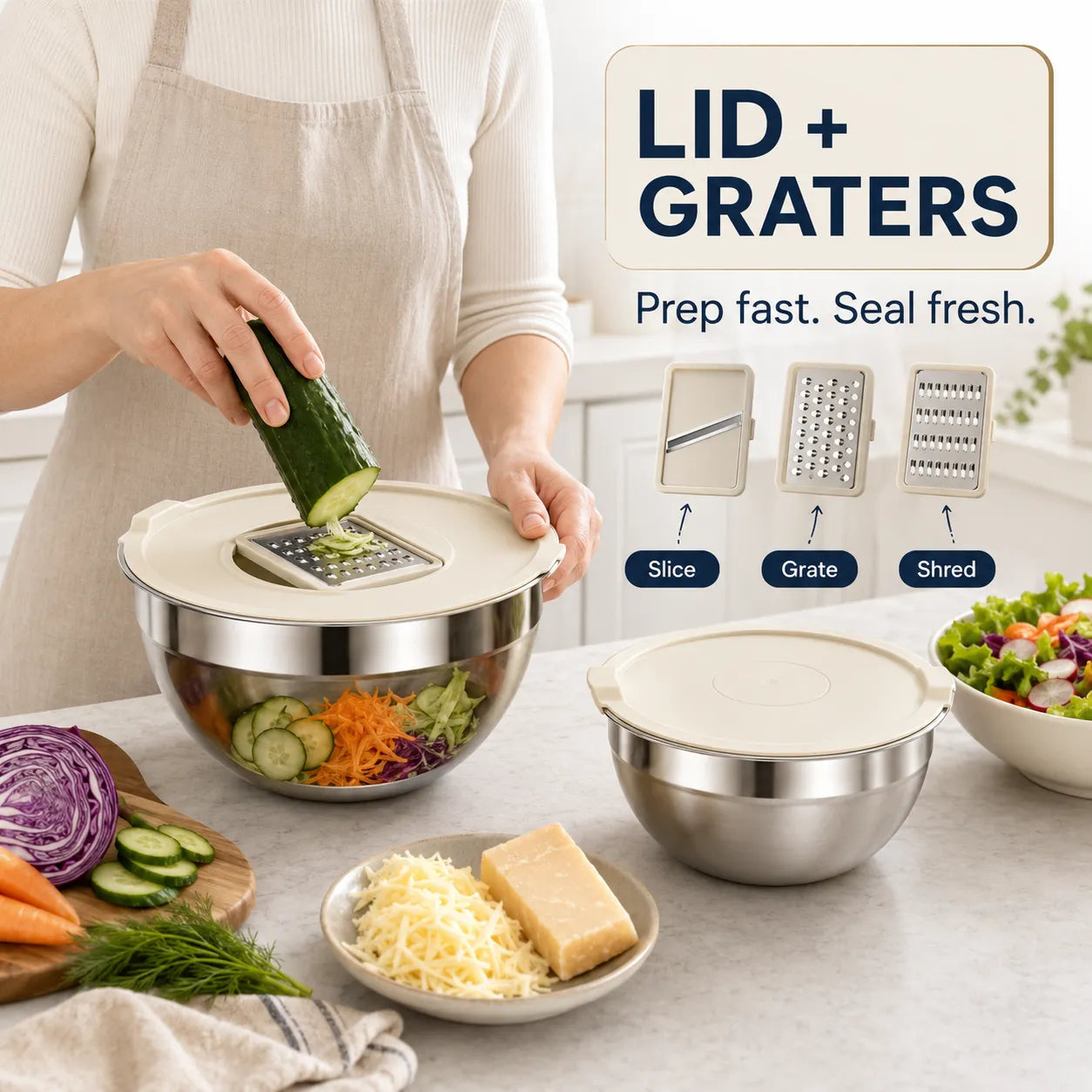 6-Piece Stainless Steel Mixing Bowl Set with Lids & Graters