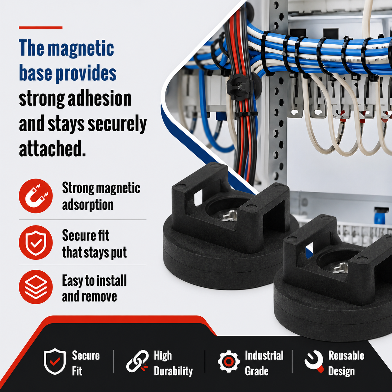 Magnetic cable tie mounts securing electrical cables