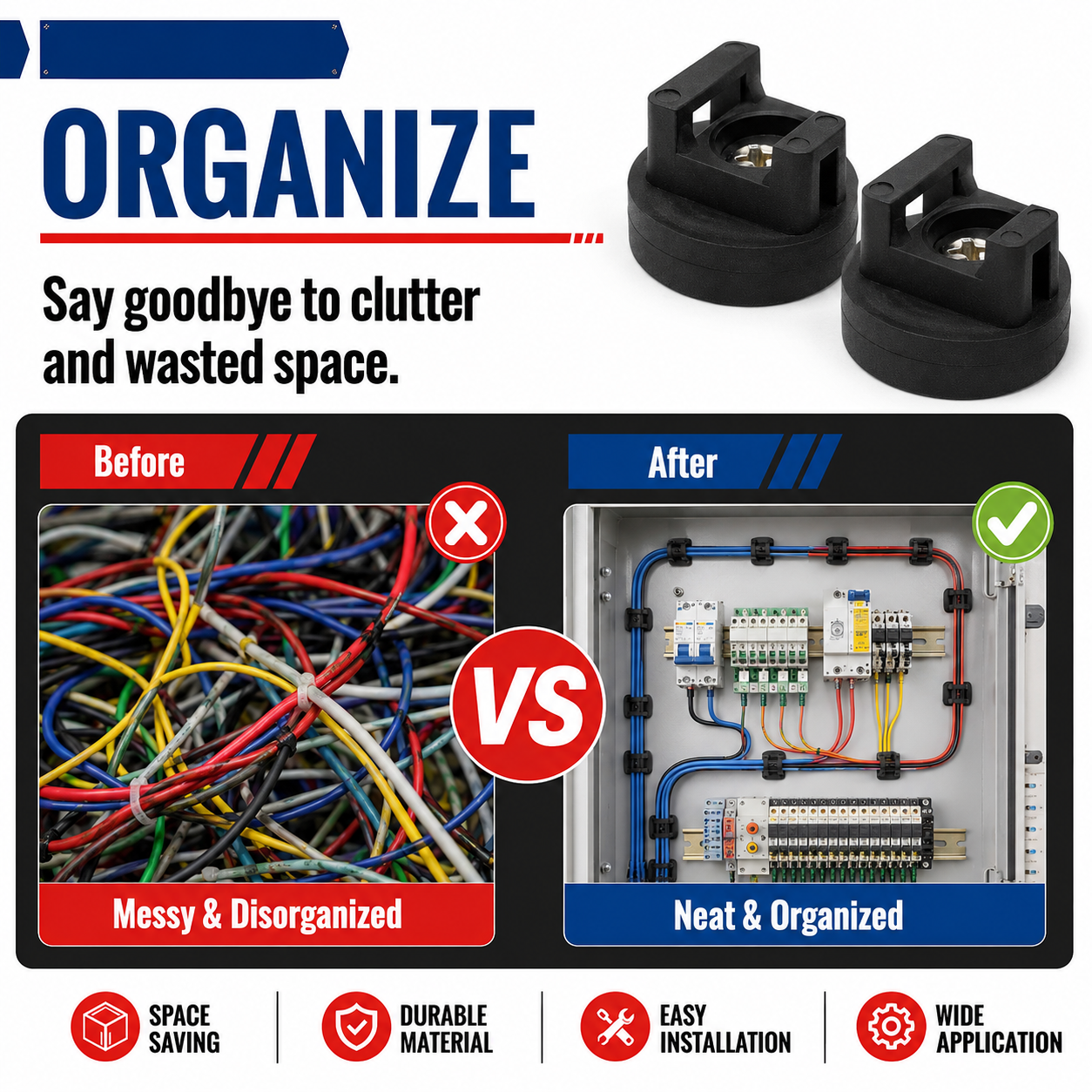 Before and after cable organization using magnetic cable mounts