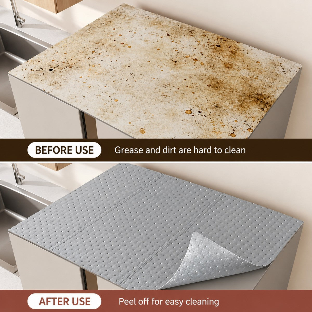 Before and after refrigerator top grease protection comparison