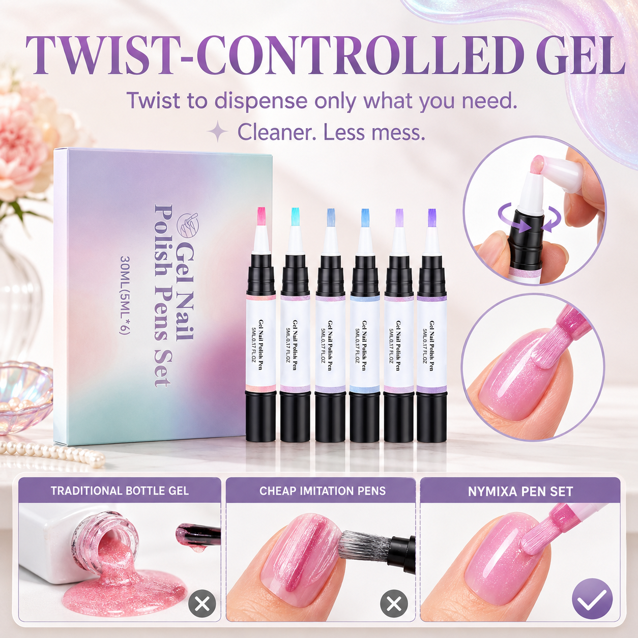6-Color Pearl Gel Nail Polish Pen Set for Easy DIY Nails