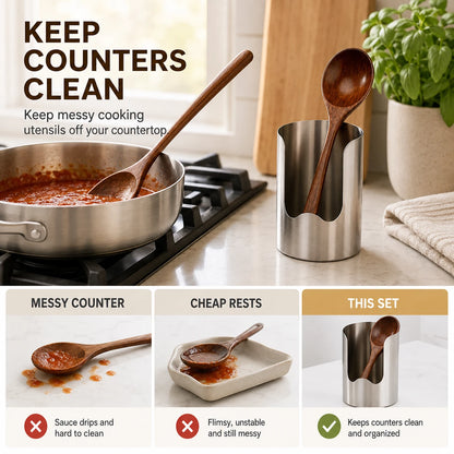 Kitchen Utensil & Lid Rest Set with 2 Wooden Spoons
