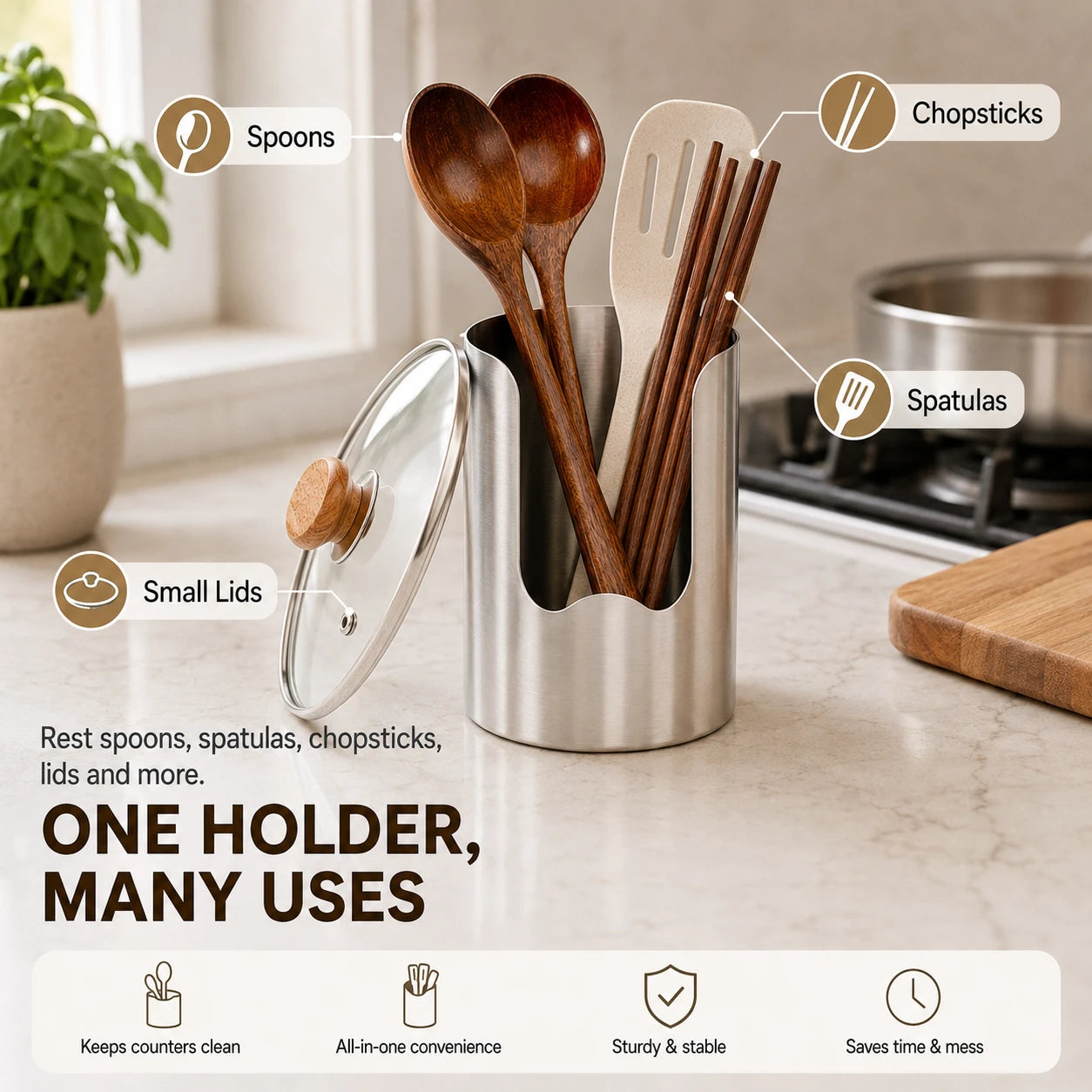 Kitchen Utensil & Lid Rest Set with 2 Wooden Spoons