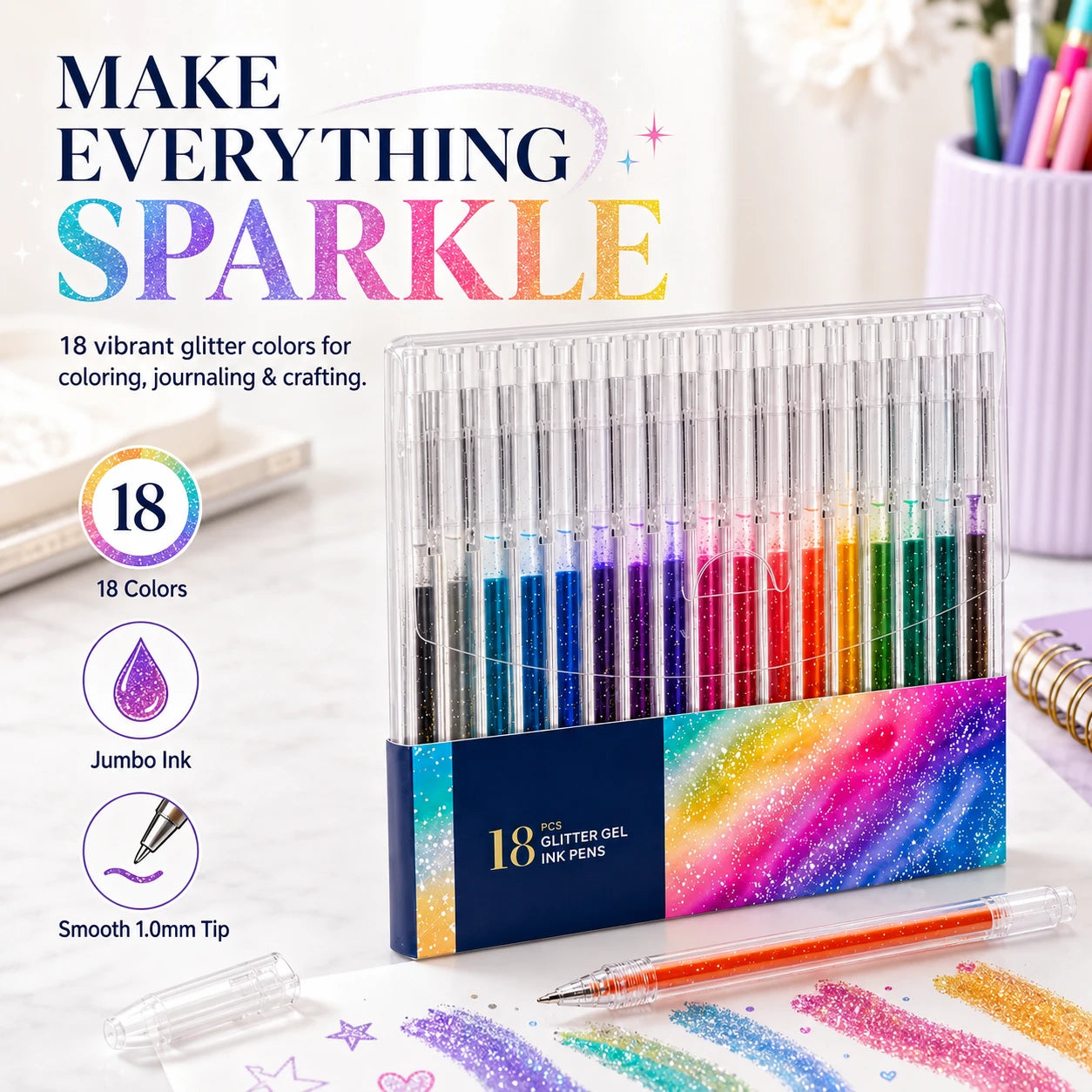 18 Colors Glitter Gel Pen Set with 5 Coloring Cards | Jumbo Ink