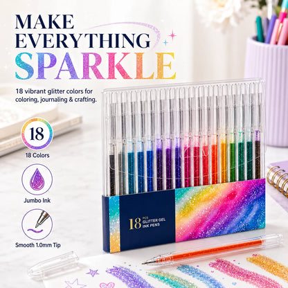 18 Colors Glitter Gel Pen Set with 5 Coloring Cards | Jumbo Ink
