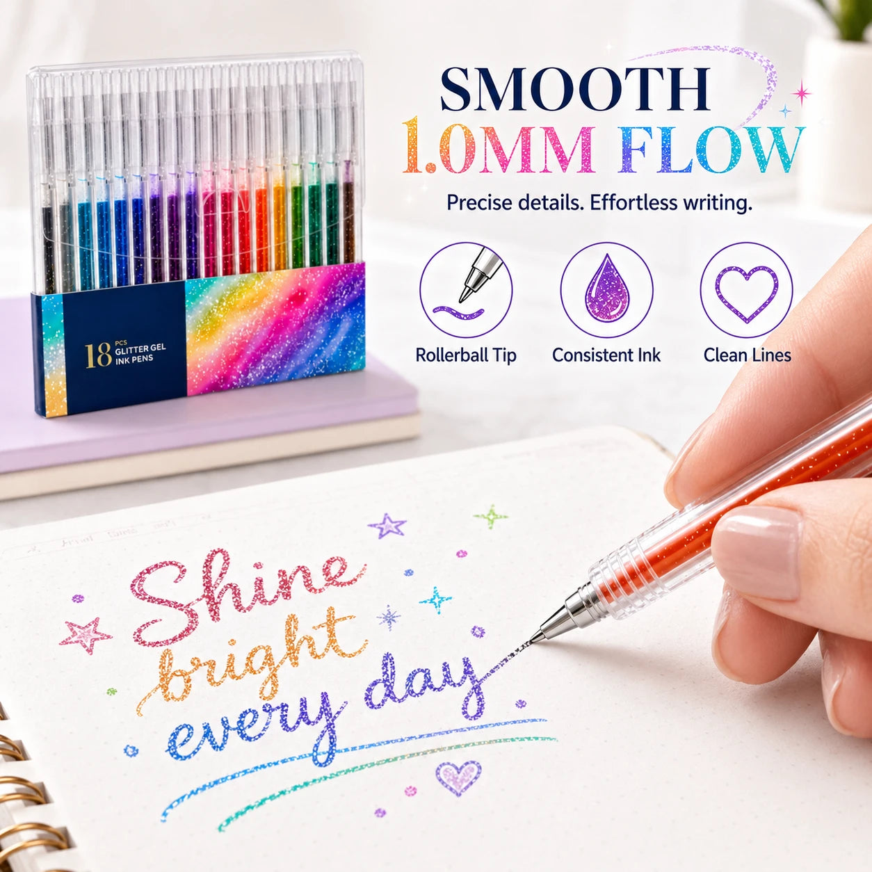 18 Colors Glitter Gel Pen Set with 5 Coloring Cards | Jumbo Ink
