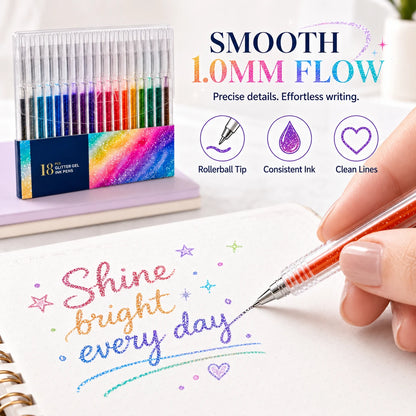 18 Colors Glitter Gel Pen Set with 5 Coloring Cards | Jumbo Ink