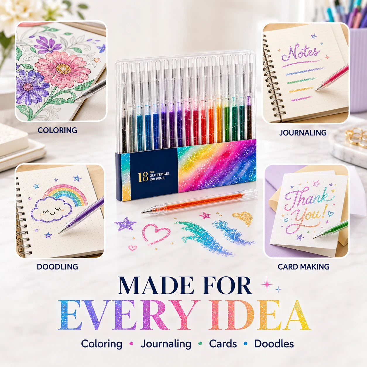 18 Colors Glitter Gel Pen Set with 5 Coloring Cards | Jumbo Ink
