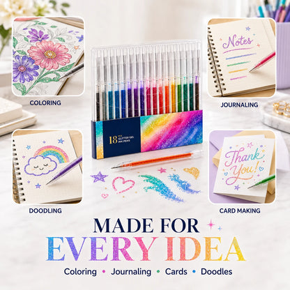 18 Colors Glitter Gel Pen Set with 5 Coloring Cards | Jumbo Ink