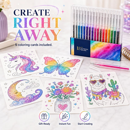 18 Colors Glitter Gel Pen Set with 5 Coloring Cards | Jumbo Ink