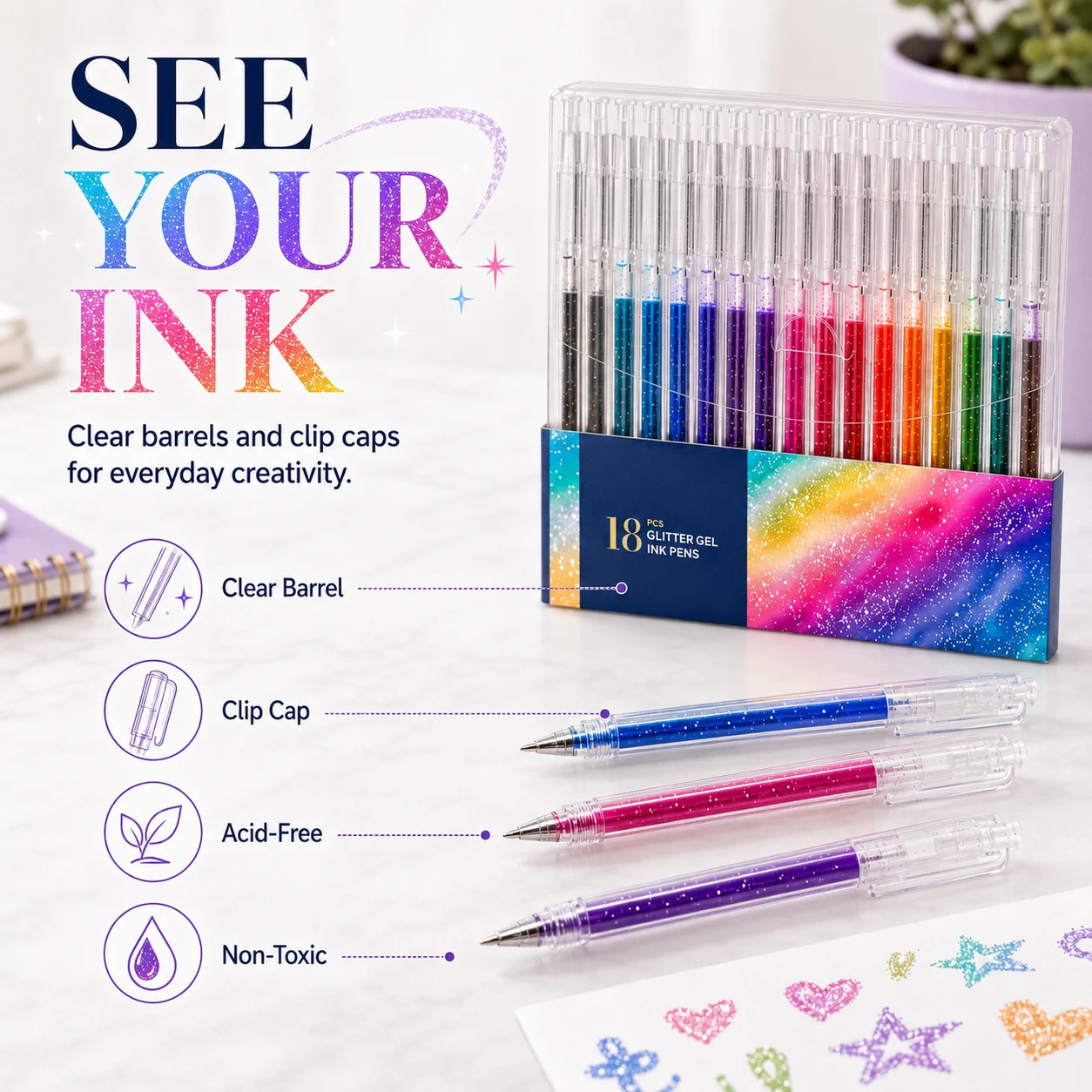 18 Colors Glitter Gel Pen Set with 5 Coloring Cards | Jumbo Ink