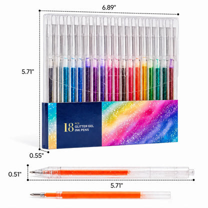 18 Colors Glitter Gel Pen Set with 5 Coloring Cards | Jumbo Ink
