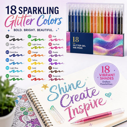 18 Colors Glitter Gel Pen Set with 5 Coloring Cards | Jumbo Ink