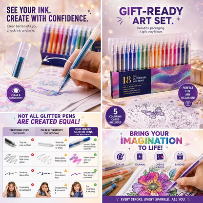 18 Colors Glitter Gel Pen Set with 5 Coloring Cards | Jumbo Ink