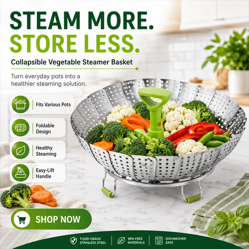 🥦 Collapsible Stainless Steel Steamer Basket – Expandable Food Steamer Insert for Vegetables, Seafood, Eggs & Dumplings