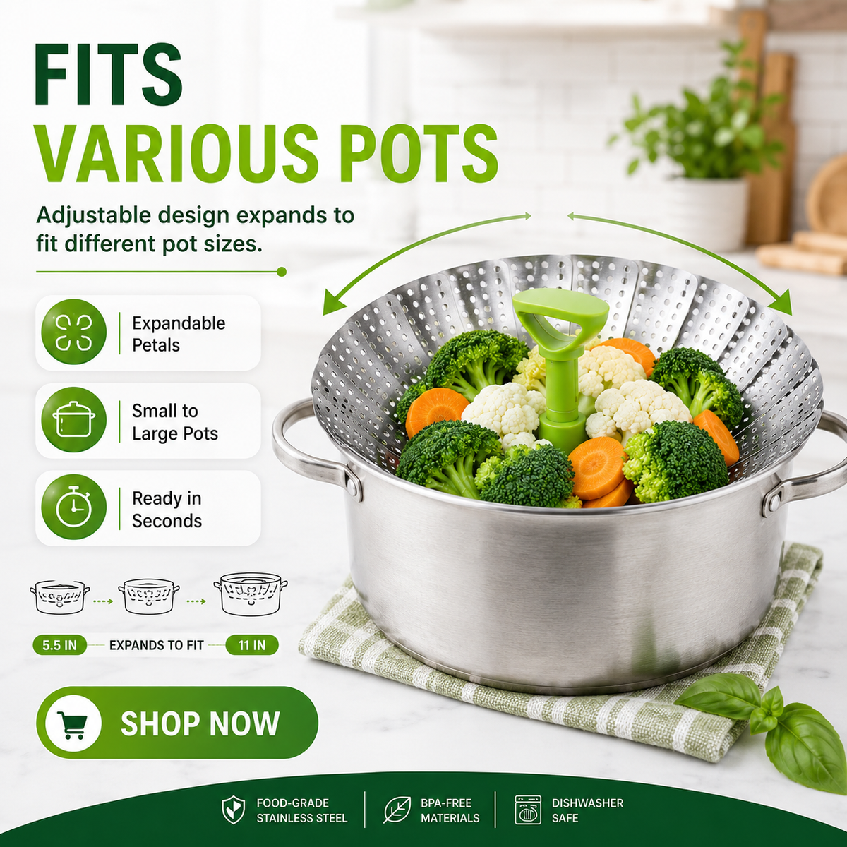 🥦 Collapsible Stainless Steel Steamer Basket – Expandable Food Steamer Insert for Vegetables, Seafood, Eggs & Dumplings
