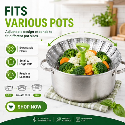 🥦 Collapsible Stainless Steel Steamer Basket – Expandable Food Steamer Insert for Vegetables, Seafood, Eggs & Dumplings