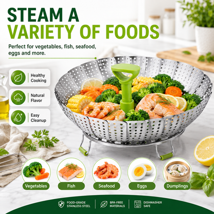 🥦 Collapsible Stainless Steel Steamer Basket – Expandable Food Steamer Insert for Vegetables, Seafood, Eggs & Dumplings