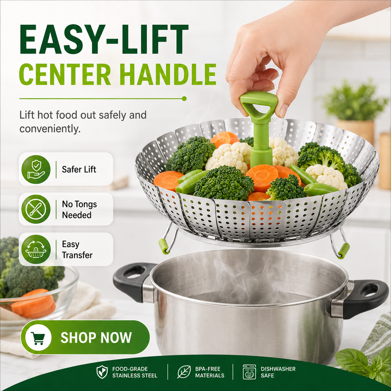 🥦 Collapsible Stainless Steel Steamer Basket – Expandable Food Steamer Insert for Vegetables, Seafood, Eggs & Dumplings