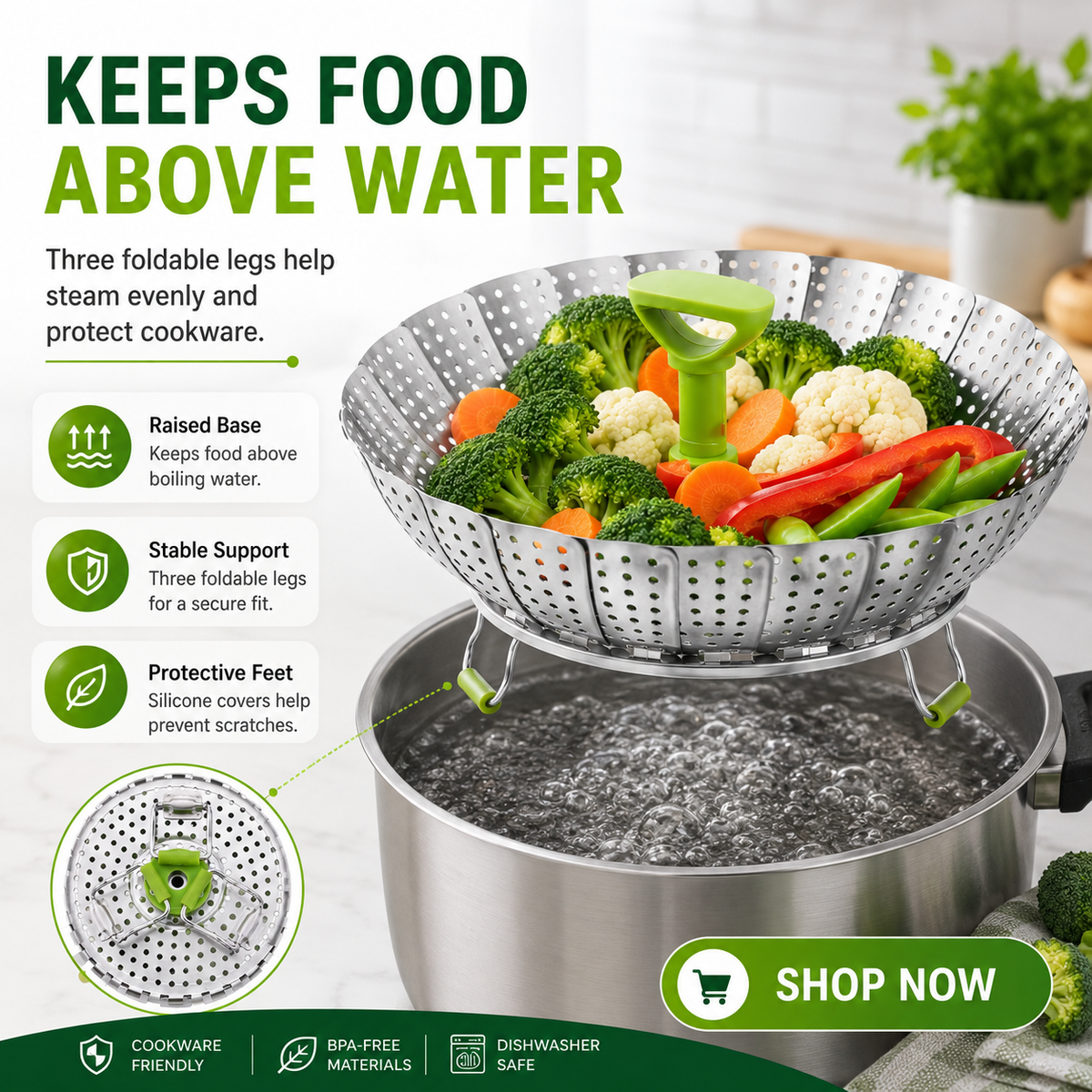 🥦 Collapsible Stainless Steel Steamer Basket – Expandable Food Steamer Insert for Vegetables, Seafood, Eggs & Dumplings