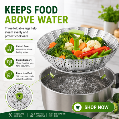 🥦 Collapsible Stainless Steel Steamer Basket – Expandable Food Steamer Insert for Vegetables, Seafood, Eggs & Dumplings