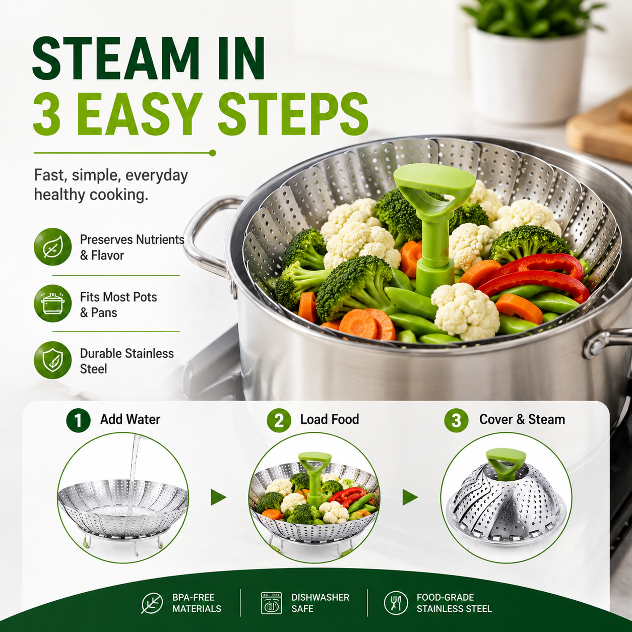 🥦 Collapsible Stainless Steel Steamer Basket – Expandable Food Steamer Insert for Vegetables, Seafood, Eggs & Dumplings
