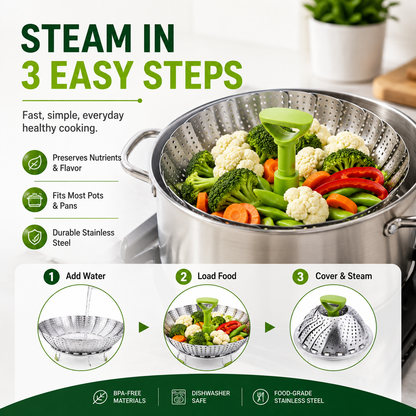 🥦 Collapsible Stainless Steel Steamer Basket – Expandable Food Steamer Insert for Vegetables, Seafood, Eggs & Dumplings