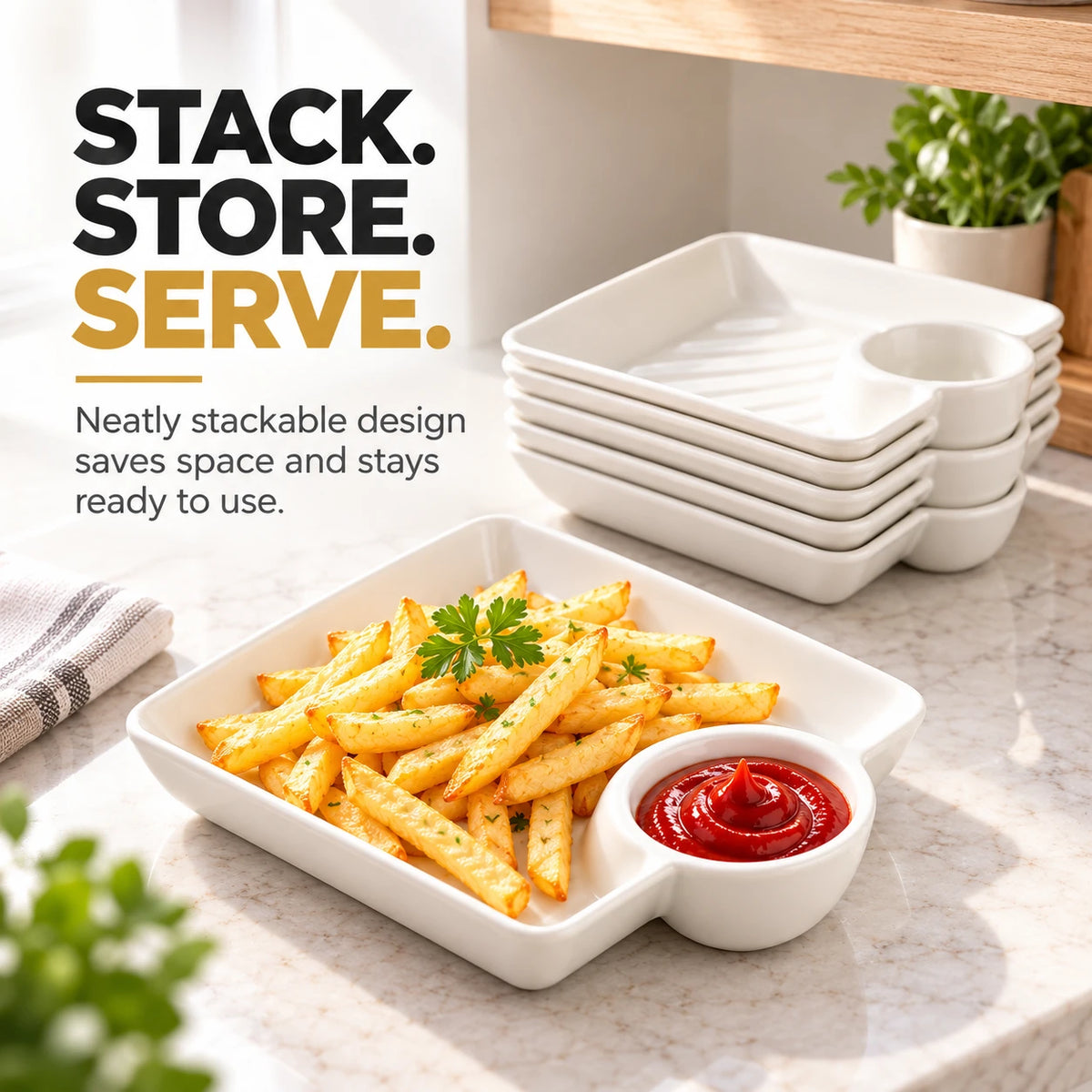 4-Pack Divided Snack Plates with Sauce Compartment