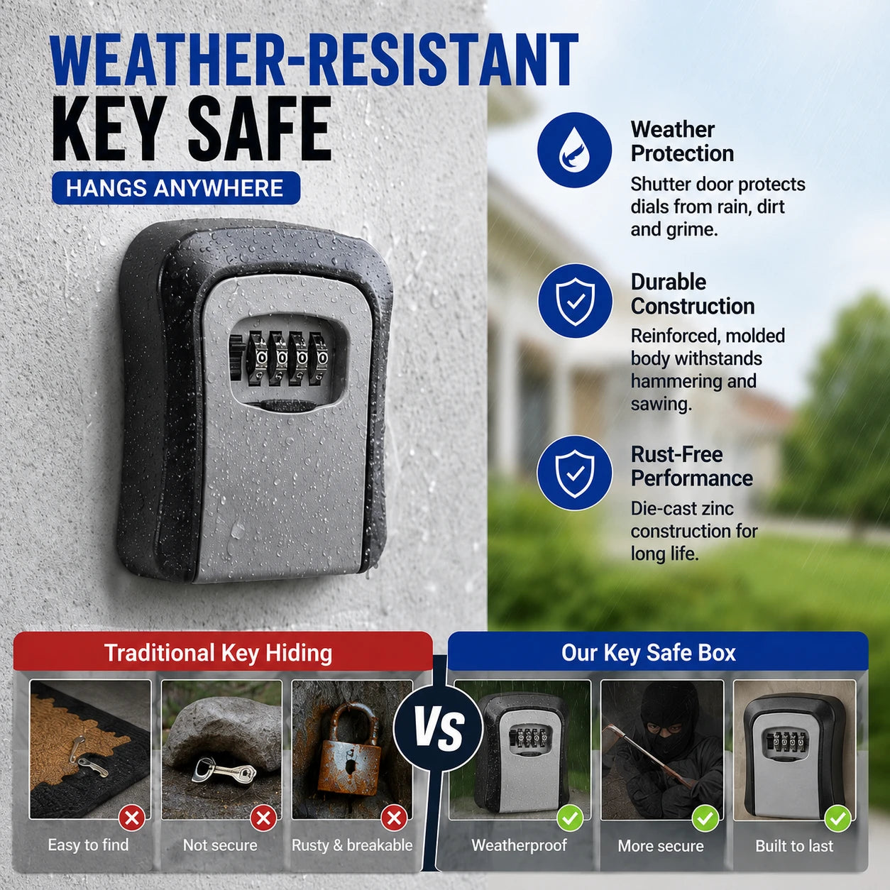 4-Digit Combination Key Safe Box — Weatherproof Lock Box
